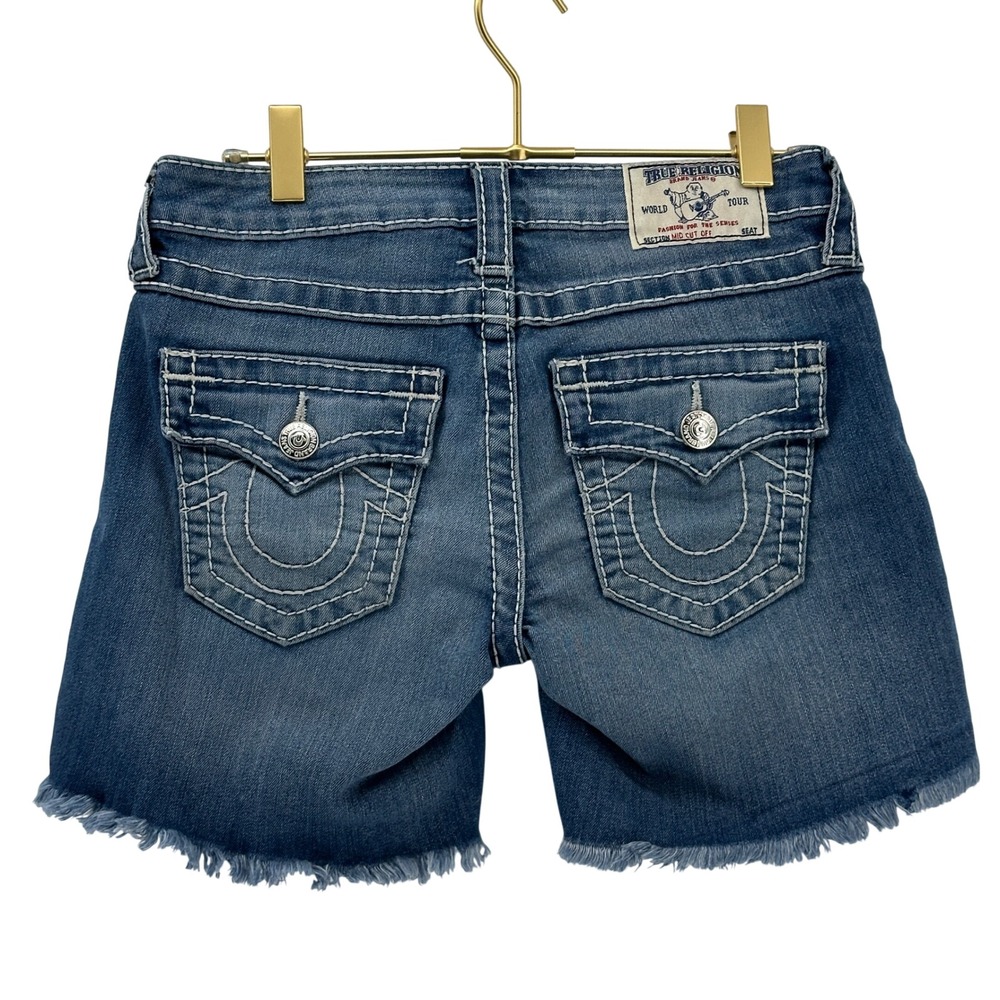 True Religion Womens Mid Cut Off‎ Denim Shorts Size 26 Frayed Hem Y2K - Picture 3 of 11